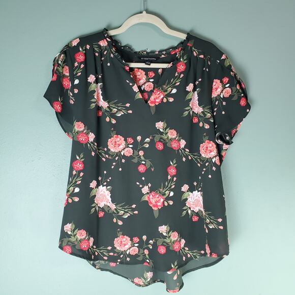 41 Hawthorn Womens Dark Green Floral Print Tiffany Tulip Sleeve Blouse Size XL - Picture 1 of 5